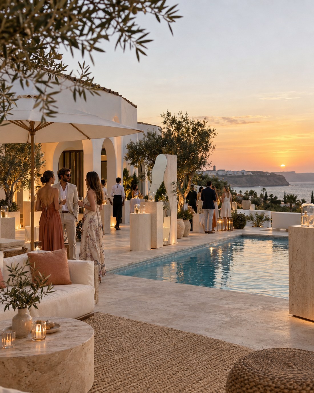 Encuentro de marca al atardecer junto a una piscina